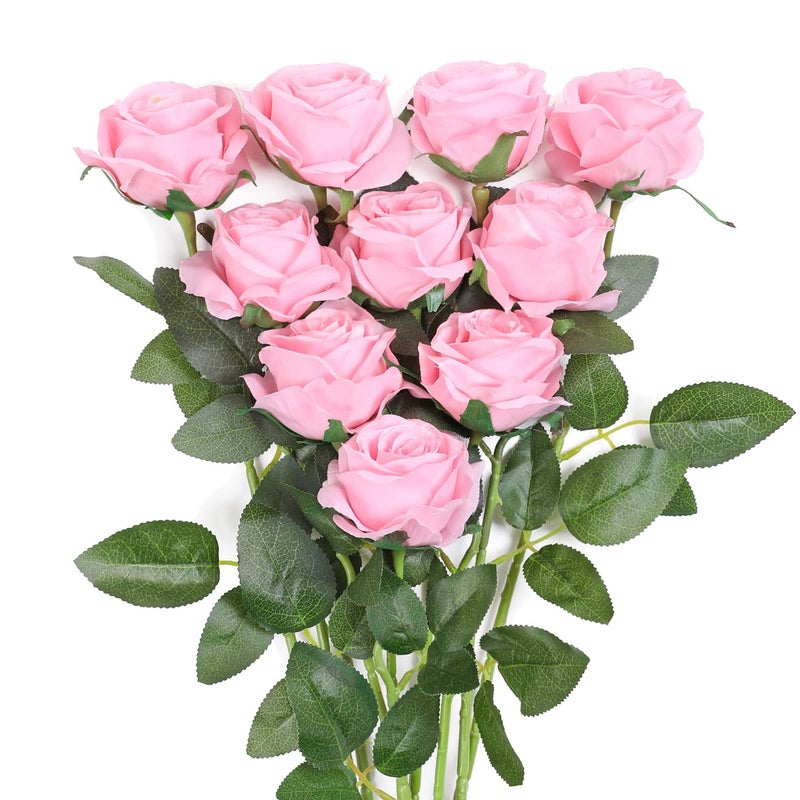 JUSTOYOU 10Pcs Artificial Roses Flowers for Valentine's Day, Realistic Blossom Roses, Real Touch Silk Rose, Single Fake Flower Long Stem Bouquets for Home Wedding Party Decoration (10Pcs, Pink) - Image 1